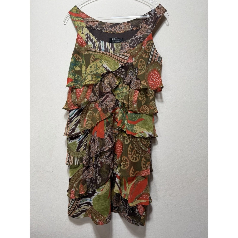 RB Collection New York Tiered Ruffle Dress Womens 10 Brown Green Forest Boho